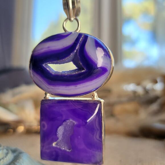 Purple Agate Geode Pendant Sterling Silver, Handmade Boho Crystal Jewelry - Picture 2 of 10